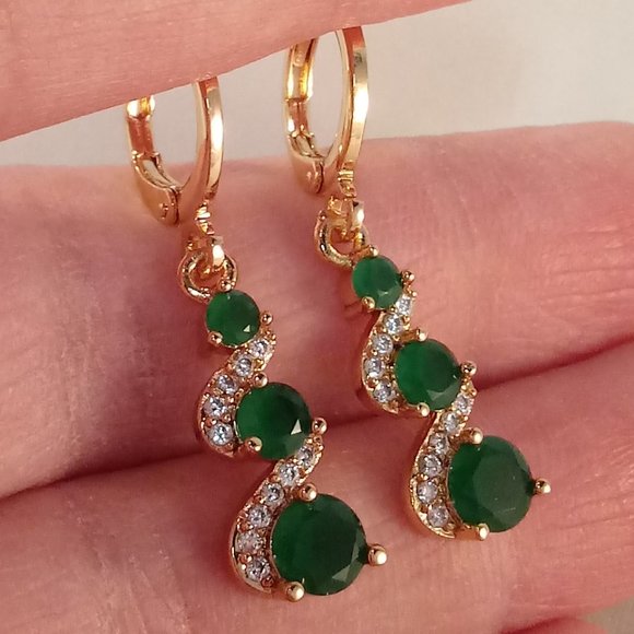 18K Yellow Gold Filled Jade Green Diamond Zircon Layer Swirl Dangle Earrings - Picture 3 of 4